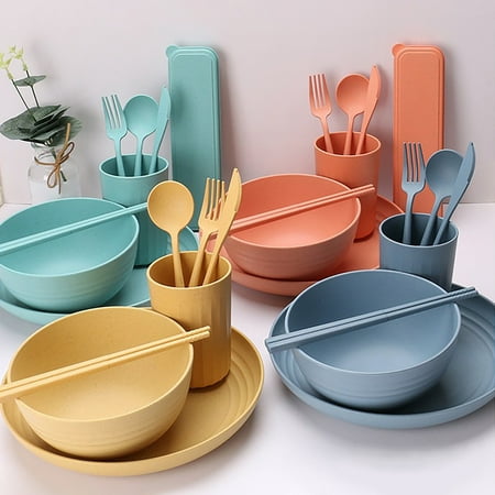 

Whea-t Straw Dinnerware Sets For 4 (32pcs) Whea-t Straw Dinnerware Sets Microwave Dishwasher Safe Tableware Lightweight Bowls Cups Plates Set Reusable Dinner