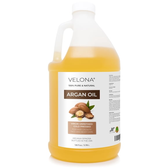 Aceite de argán velona - 1 galón / 128 onzas líquidas | Puro y Natural | Petróleo de Marruecos | Estimula el crecimiento del cabello Cuidado de la piel, cuerpo y rostro | Protector de uñas | Prensad