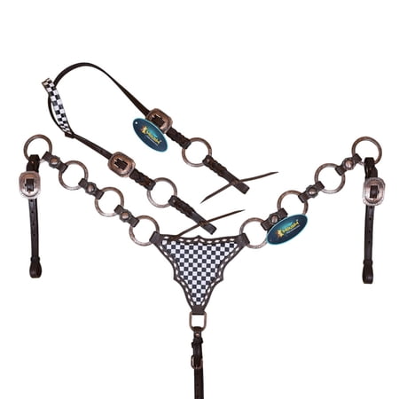 MOUSM Headstall and Breast Collar Tack Set Finish Line Print with Braided Leather Designed Rings Black and White for Full Average Size Horse