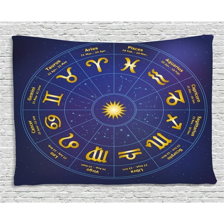- Astrology Tapestry, Horoscope Zodiac Signs with Birth Dates in Circle with Star Dots Print, Wall Hanging for Bedroom Living Room Dorm Decor, 60W X 40L Inches, Royal Blue and Yellow, by Ambesonne