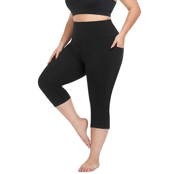 FlorCurve Plus Size Capri Leggings for Women with Pockets High-Waist Tummy Control Cropped Pants Stretch Yoga Leggings, Black XL