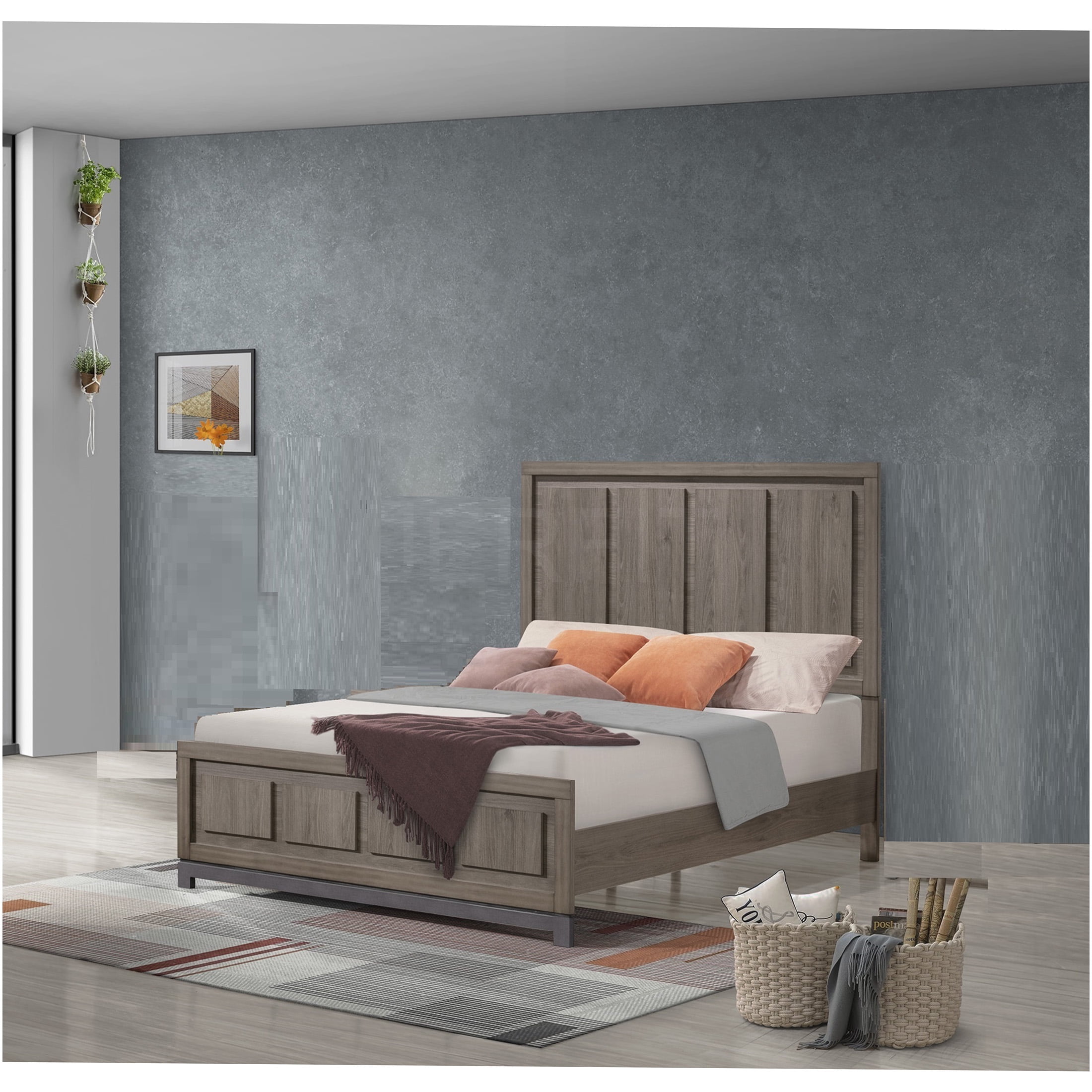 JERFIT Modern King Size Bed Frame with Headboard, Minimalist Platform Bed, Grey Oak Wood Bedroom Furniture