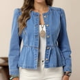 thumbnail image 6 of Sewkxo Women's Peplum Denim Jackets Collarless Round Neck Button Down Cropped Ruffle Hem Jacket,Blue 2XL, 6 of 7