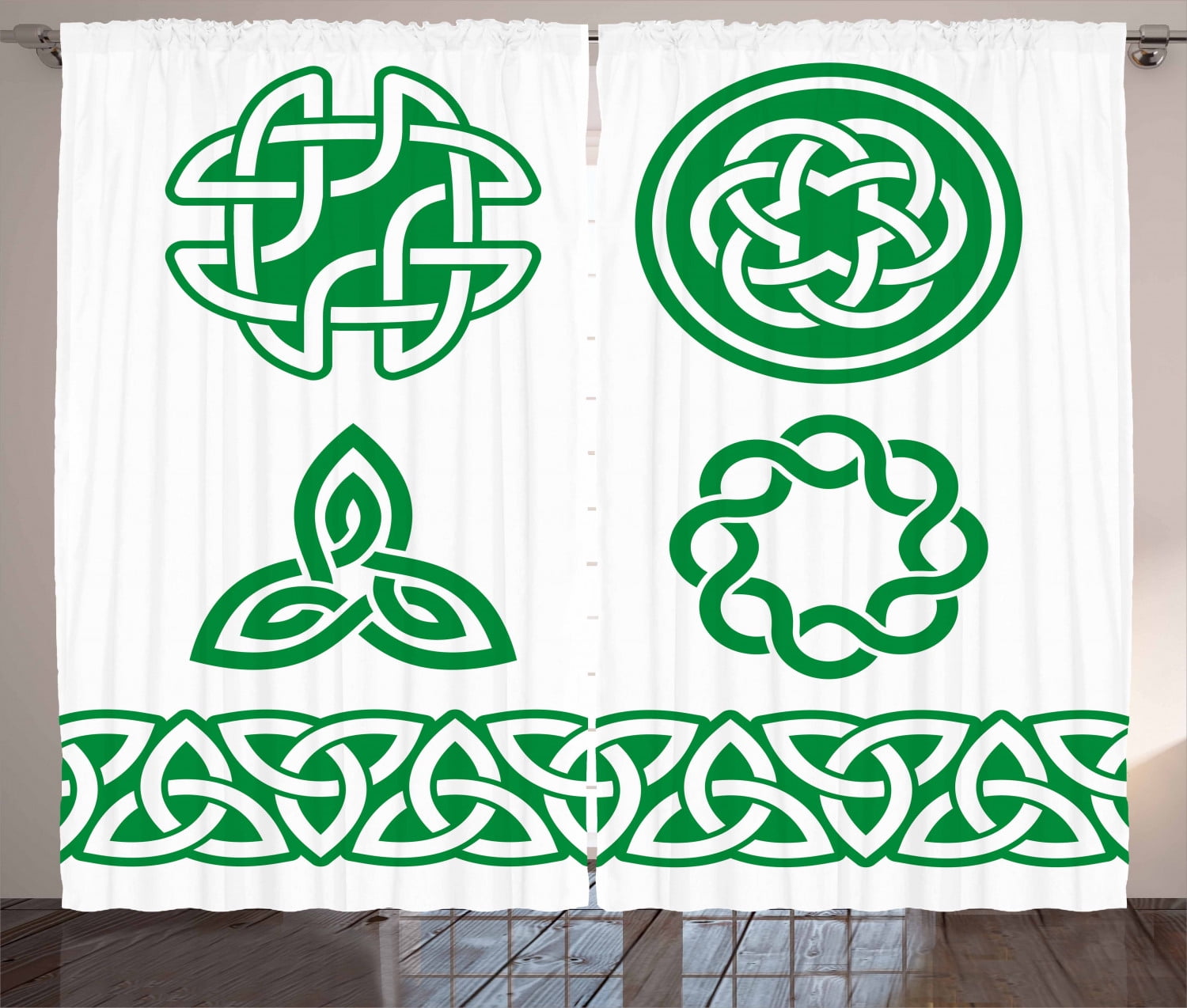 Irish Curtains 2 Panels Set, Medieval Ancient Knots Symbols Braided