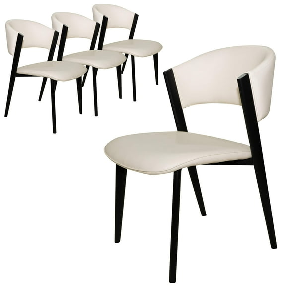 LeisureMod Dining Chair Upholstered in Leather with Curved Open-Back Design Waterfall Edge Seat and Powder Coated Iron Legs for Modern Home and Kitchen Aspen Collection Set of 4 in White