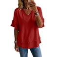 thumbnail image 6 of Nestiefly Womens Linen Tops Summer Casual Short Sleeve V Neck Shirts Fringe Retro Cotton Linen Blouses Raw Hem Beach Clothes 2026 Red S, 6 of 6