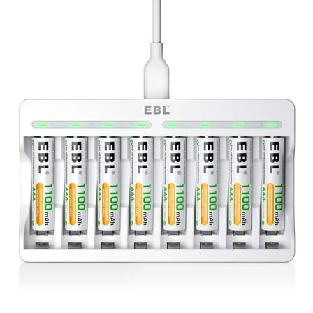 EBL 8pcs Rechargeable AAA Batteries 1100mAh and 8 Slot AA AAA Independent Battery Charger with 5V 2A USB Fast Charging