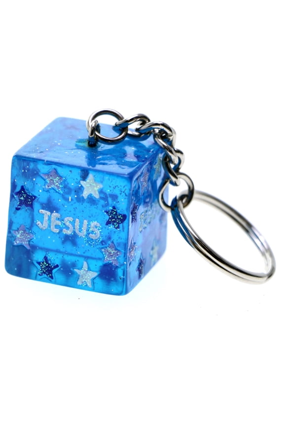 Jesus Religious Cube Split-Ring-Keychain Blue/Silver-Tone