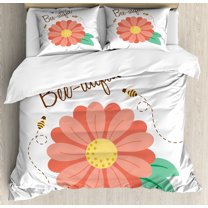 Ambesonne Honey Bee Duvet Cover Sets, Bee-utiful Floral Scene, 2-King, Burnt Sienna Mustard