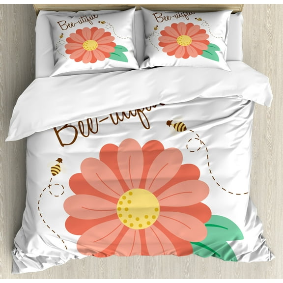 Honey Bee Duvet Cover Set, Bee-utiful Humorous Composition with a Close up Flower, Decorative 3 Piece Bedding Set with 2 Pillow Shams, King Size, Burnt Sienna Mustard, by Ambesonne