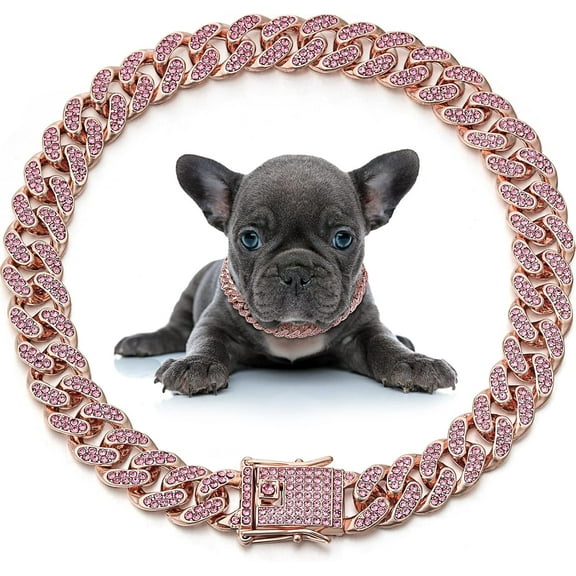 Dog Chain Collar Diamond Link Puppy Collar 12 mm Wide Dog Necklace Metal Cat Chain Pet Crystal Necklace Jewelry Accessories for Small Medium Large Pet(8 Inch,Rose Gold, Pink)