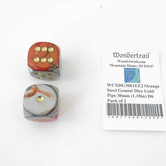 Orange and Steel Gemini Dice with Gold Pips 30mm (1.18in) D6 Pack of 2 Wondertrail