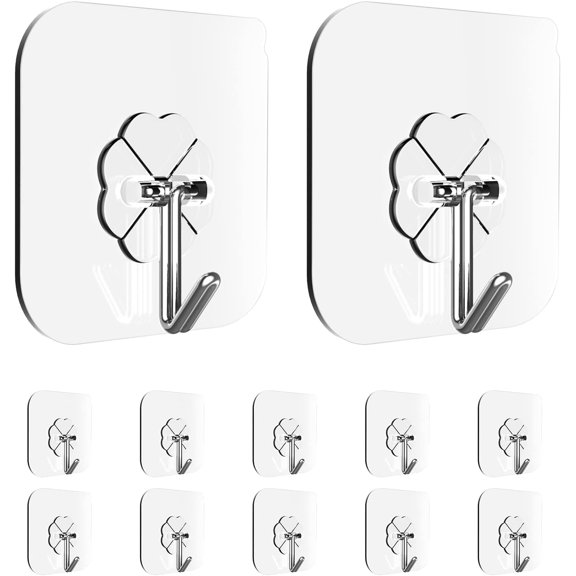 Adhesive Hooks for Hanging 12 Packs Heavy Duty Wall Hooks Removable Waterproof Bathroom Hooks Transparent Sticky Hooks for Kitchen Glass Door