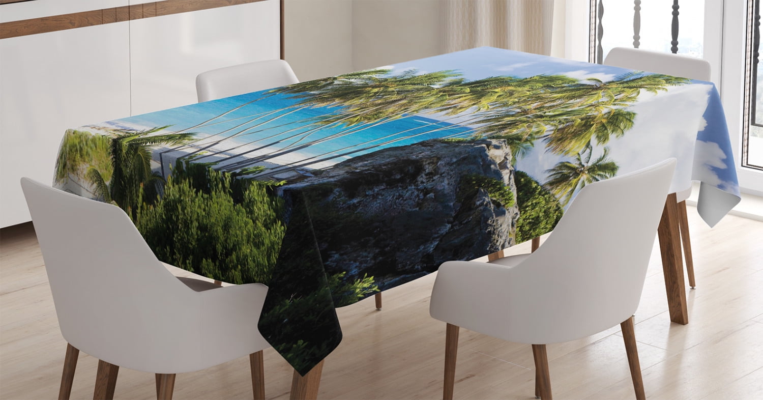 Scenery Decor Tablecloth, Caribbean Island Overlook with Palm Tree and