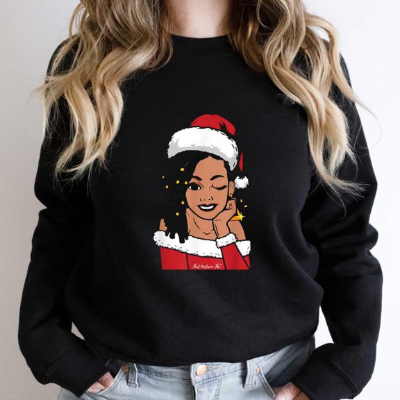 Black Mrs. Claus Locs Funny Winking African American Christmas Graphic SW3805 Unisex Sweatshirt, Up to Size 5XL
