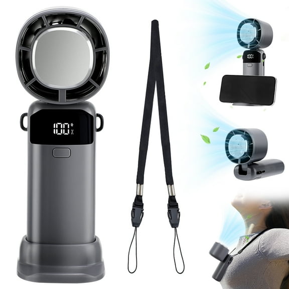Portable Handheld Fan, 3 IN 1 Handheld Turbo Fan, 3600mAh Battery Operated Fans, Led Display, 5 Speed Quiet Personal Fans, Foldable Hanging Neck & Desktop Fan for Travel, Outdoor, Makeup