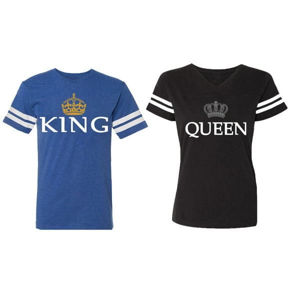 King Queen Old Matching Couple Cotton Jerseys (Men Royal / Women Black) (Men S / Women S)
