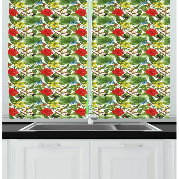 Ambesonne Exotic Kitchen Curtains, Cheerful Hibiscus Butterfly, 55"x45", Olive Green Multicolor