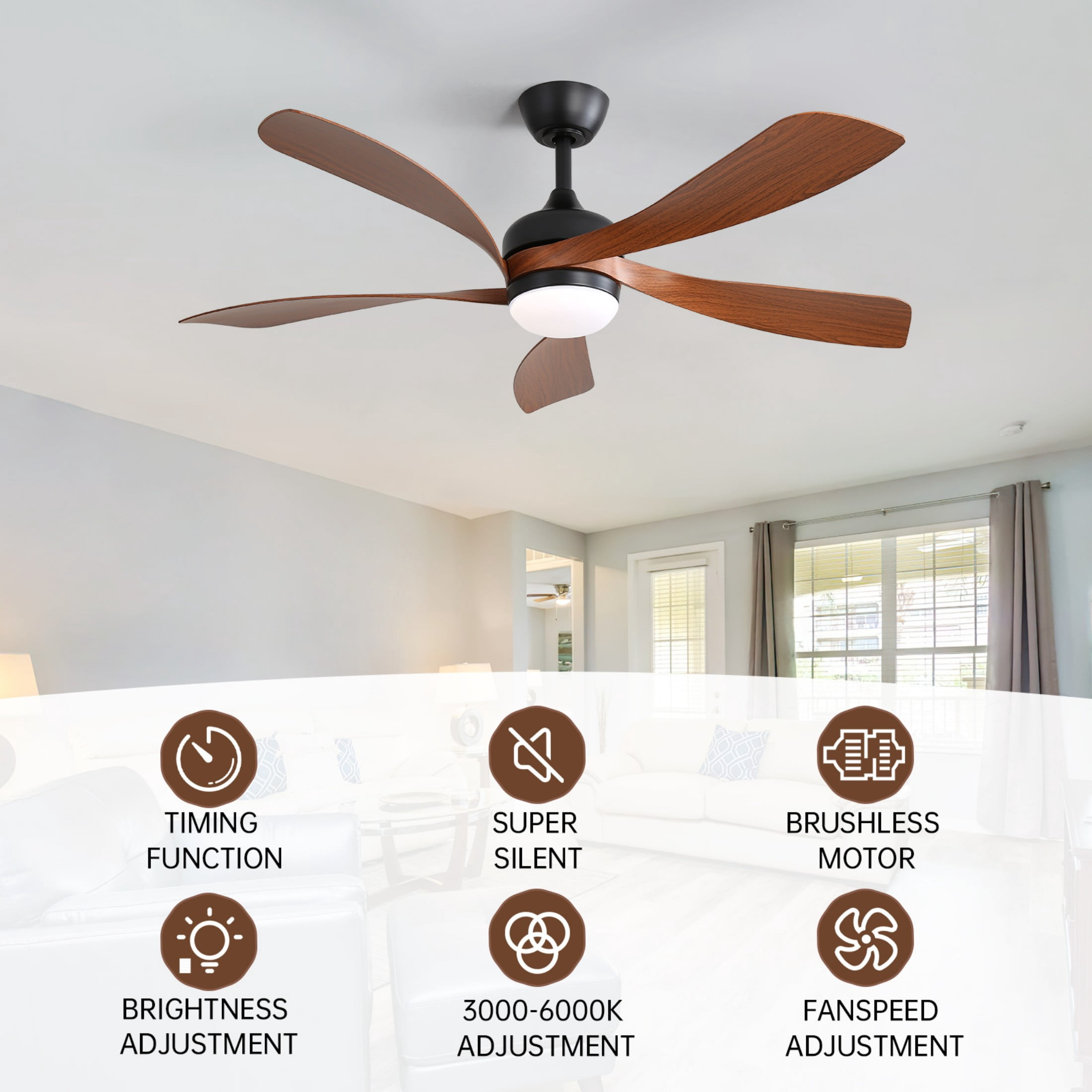 Sofucor 52" Smart Ceiling Fan, Compatible with Alexa/Google/App, 3-Color Light 6-Speed Timing Reversible DC Motor