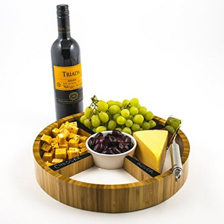 - Eco-Friendly Bamboo Cheese Tray with Removable Ceramic Dish & Chalkboard Dividers - For Cheese, Condiments, Appetizers and Hors D'oeuvres. Round, 13