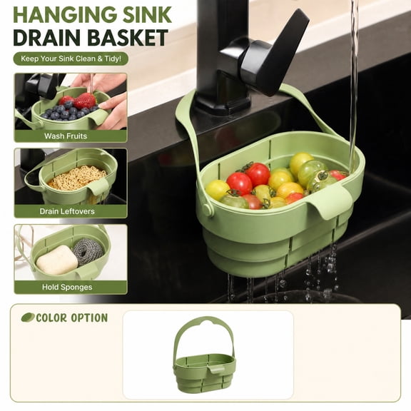 Foldable Hanging Sink Drains Basket –Collapsible Kitchen Colander with Flip Cover,Space-Saving Strainer for Fruit,Vegetables,Pasta&Utensils,Hooks Over Faucet or Sink Edge for Hands-Free Draining,1Pc