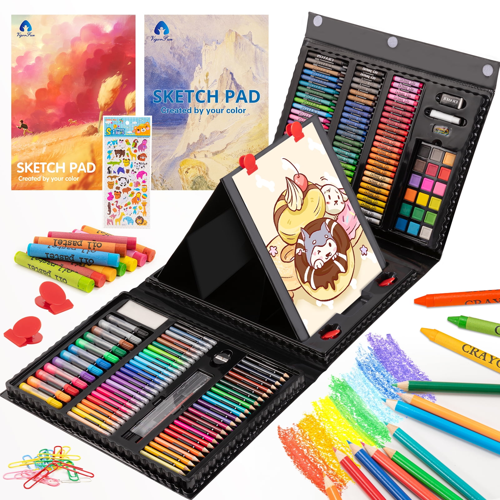 Drawing Art Box with Oil Pastels Crayons Markers Colored Pencils Watercolor Cakes Sunnyglade 185 Pieces Double Sided Trifold Easel Art Set Sketch Pad Paint Brush 