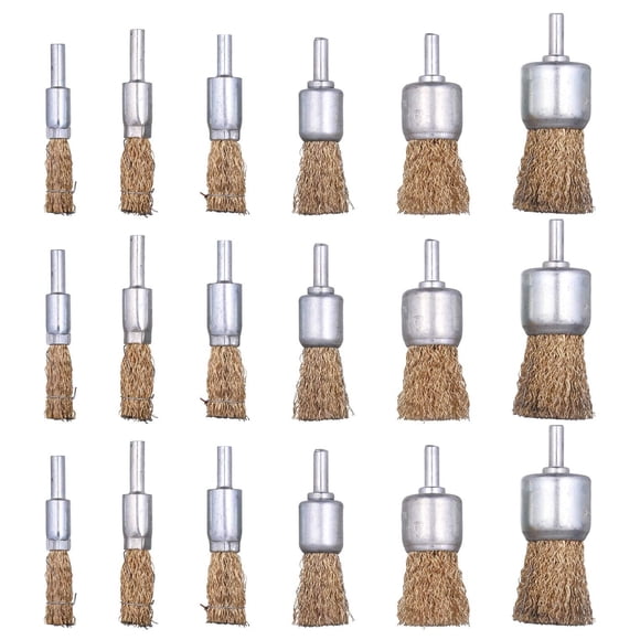 Mixiflor Juego de 18 cepillos de alambre para taladro, 6 tamaños, rueda de alambre prensado recubierta de latón de 0,012 pulgadas para taladro, vástago de 1/4 pulgadas para accesorio de taladro