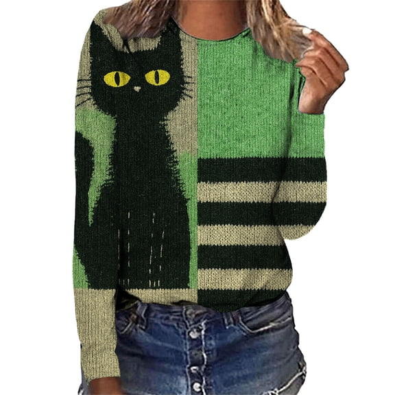 MVRLSH Womens Tops Blouse Casual Fall O Neck Long Sleeve Graphic Printed Daily Fashion Pullover Sweat Loose Fit Blouses Green - L