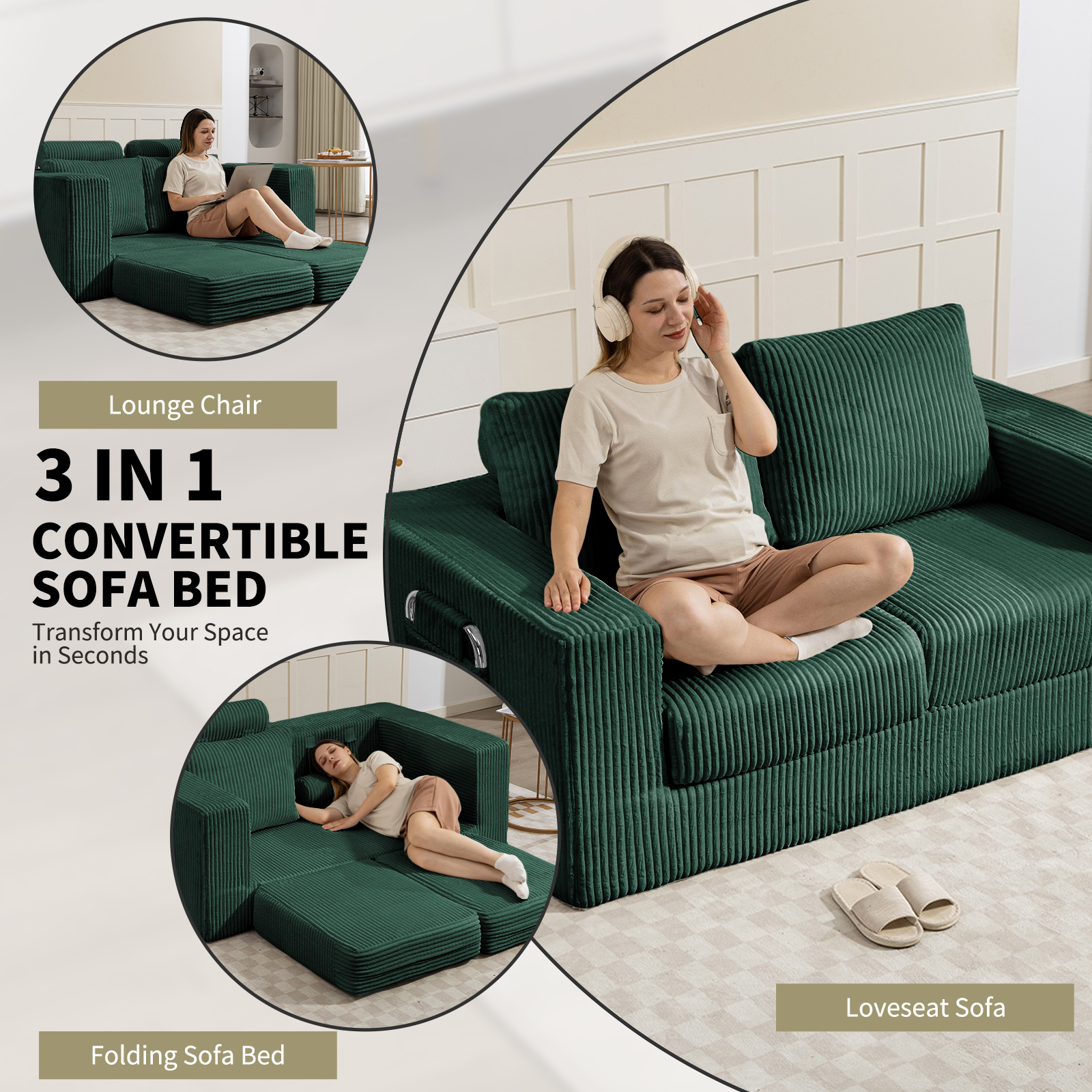 69 Inches Convertible Sofa Bed Boneless 2 Seats Loveseat Sleeper Sofa 2 Seater Small Couch 3-in-1 Folding Sofa Floor Sofa with Deep Seat No Assemble Required