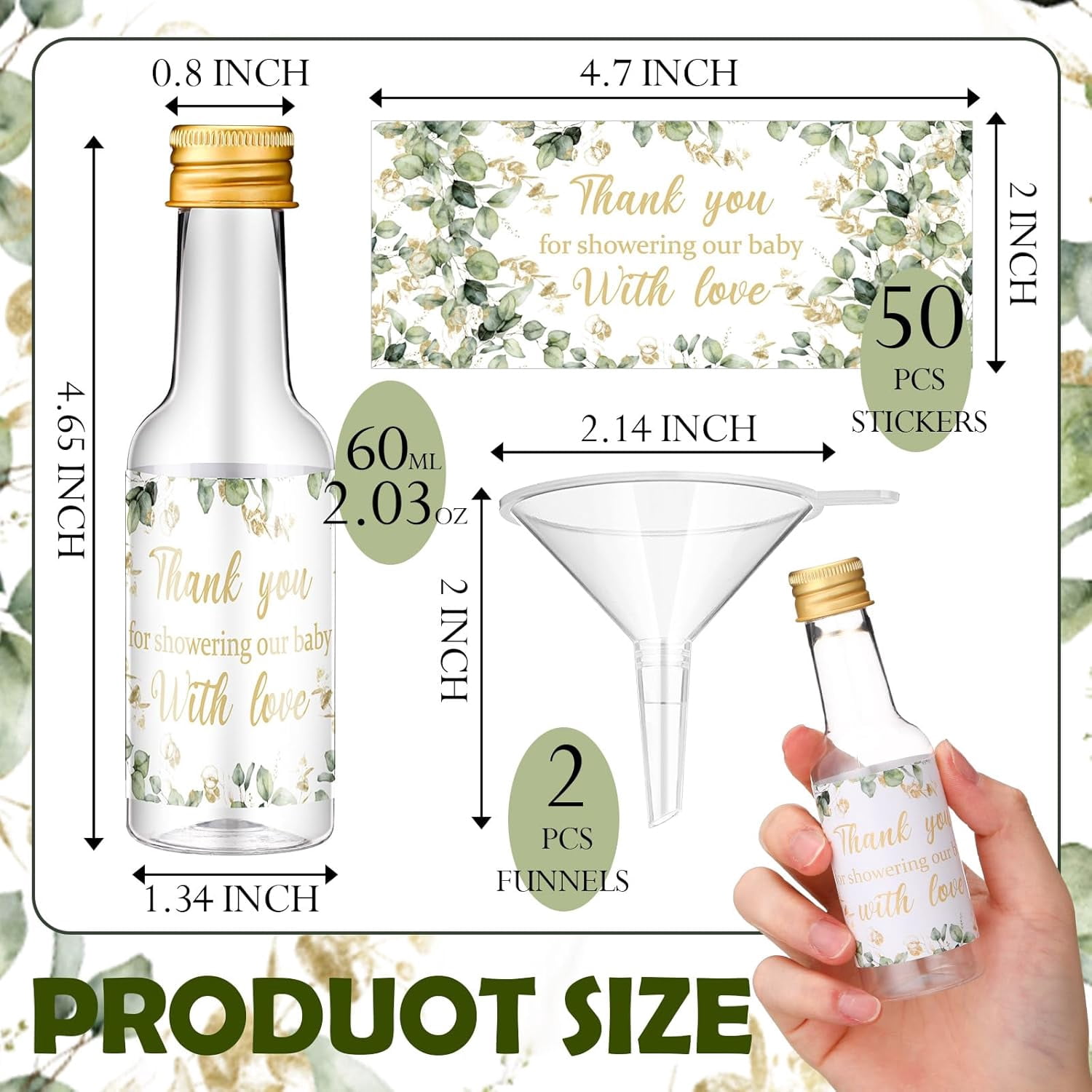 50 Pack Baby Shower Mini Liquor Bottles 2oz Shot Bottle with Cap Baby Shower Favor for Guest Gender Reveal Party Favor Thank You Funnel Sticker for Guest Gift Newborn Baptism Party Decoration