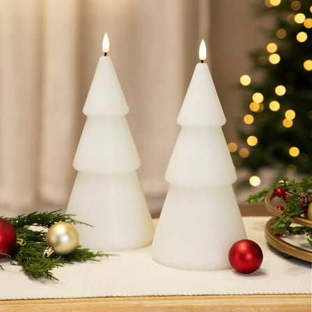 LED Flameless Flickering Christmas Tree Wax Candles - 10.5" - White - Set of 2