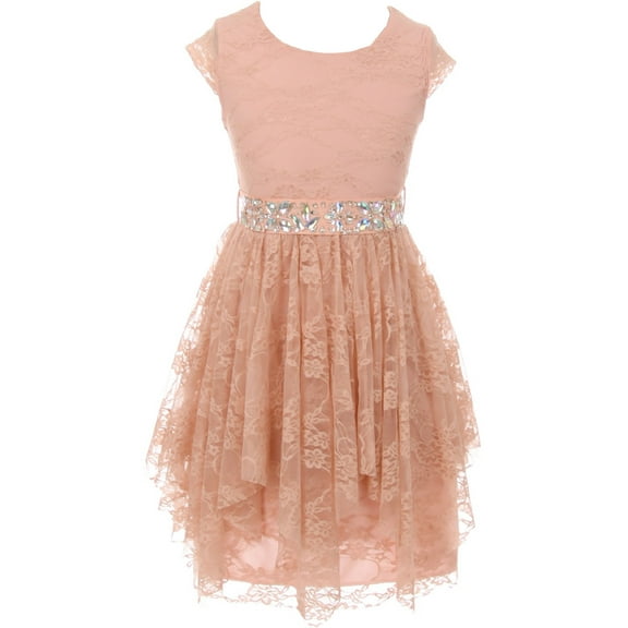 Little Girls Cap Sleeve Girls Dress Floral Lace Rhinestones Waistband Flower Girl Dress Blush 4 (J20KS95)