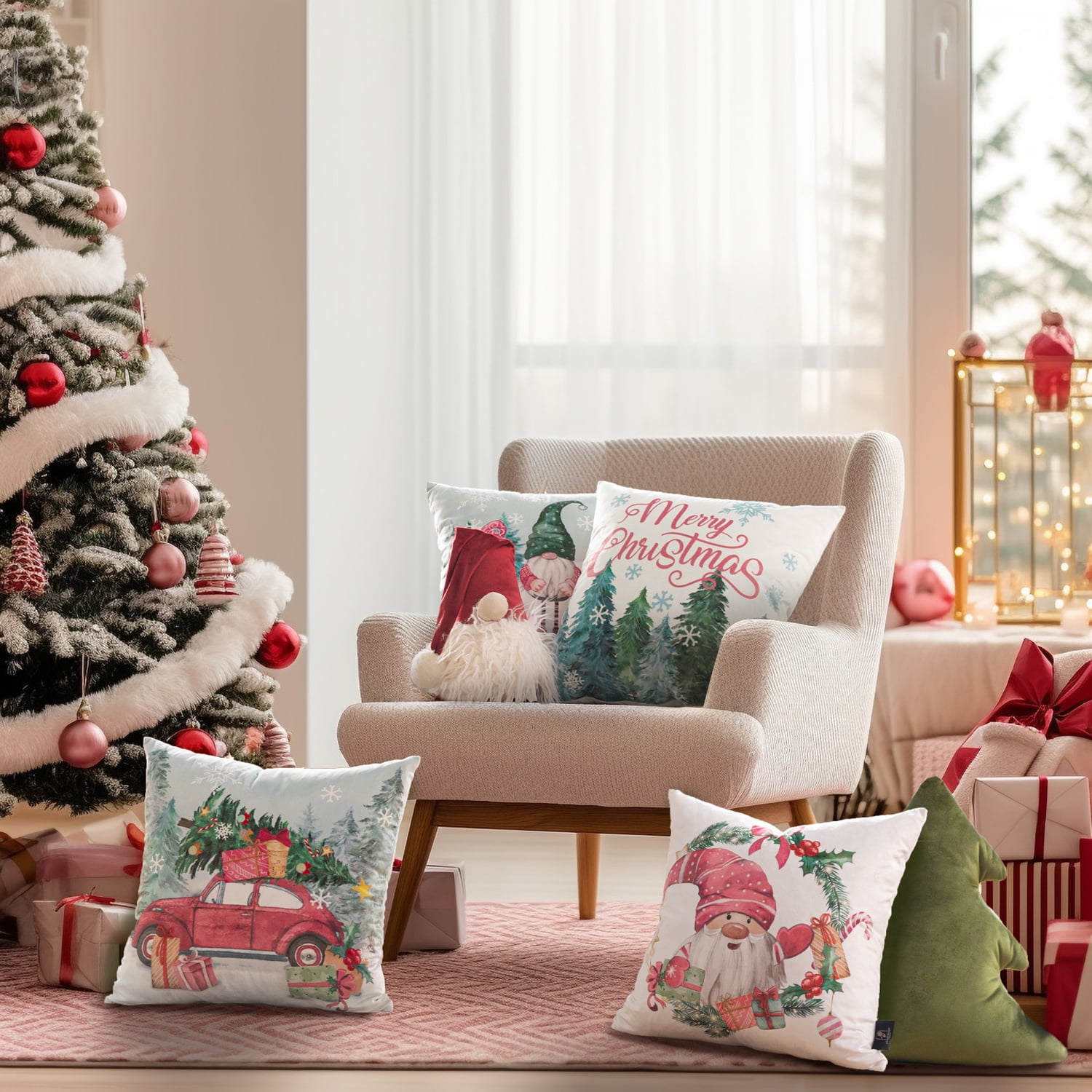 Christmas Santa Claus Decorative Pillows, Velvet Printed Christmas Tree and Car, 18" x 18", Pink, Set of 4