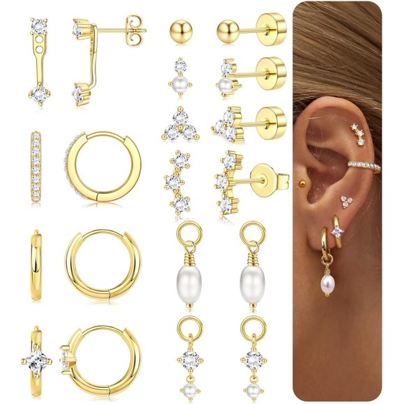Hypoallergenic Gold Earrings for Women Surgical Stainless Steel Flat Back Earrings 14K Gold Small Stud Hoop Earring Stacks with CZ Charm Cartilage Earring Set for Multiple Piercing Jewelry 14k
