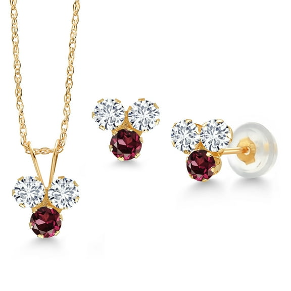 Gem Stone King 14K Yellow Gold White Lab Grown Diamond and Red Rhodolite Garnet 3 Stone Pendant and Earrings Jewelry Set for Women (0.96 Cttw, Round 3MM, with 18 inch Chain)