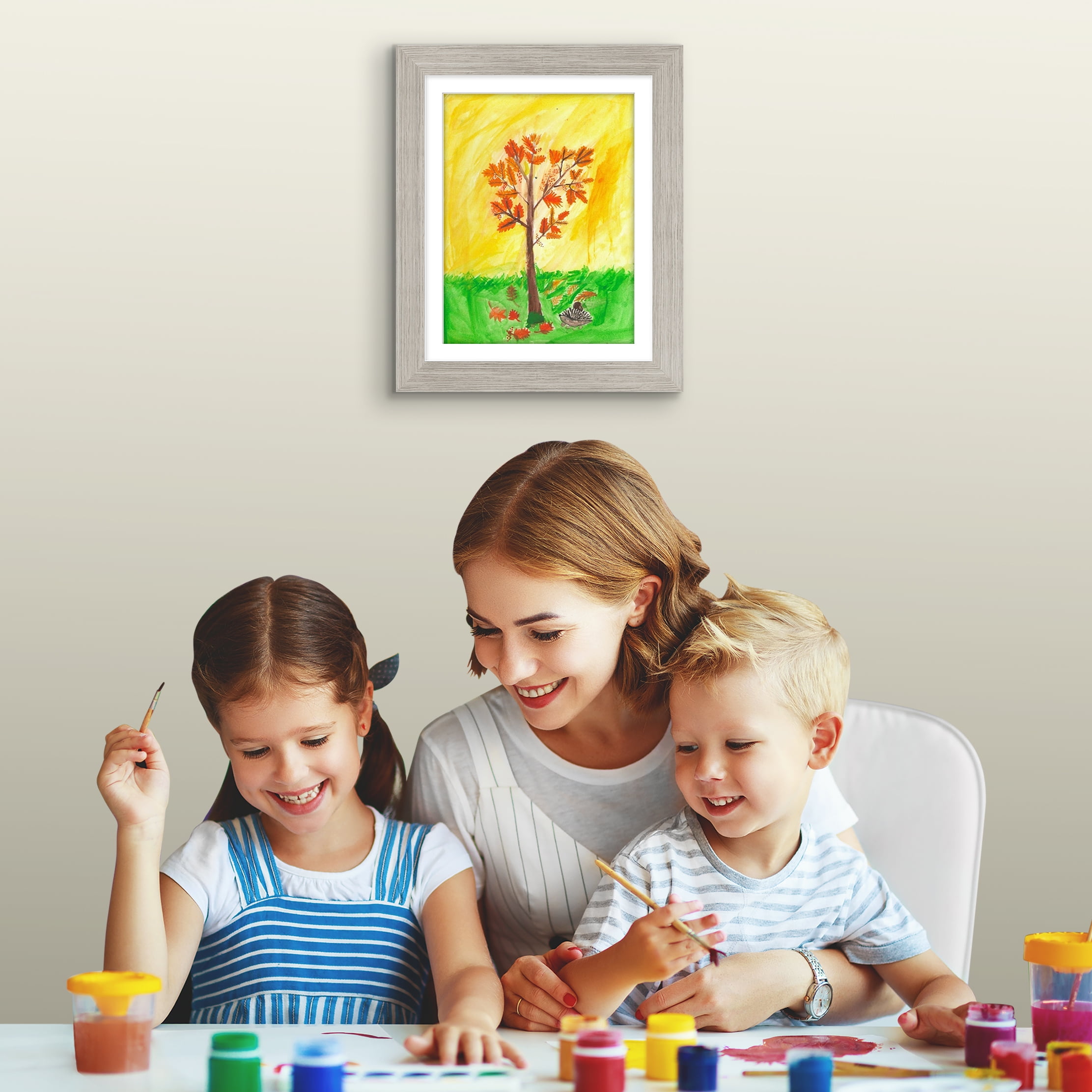 Americanflat 10x12.5 Kids Art Frame with 8.5x11 Mat Holds 100 Art Pieces Magnetic Letter Size Display - Driftwood