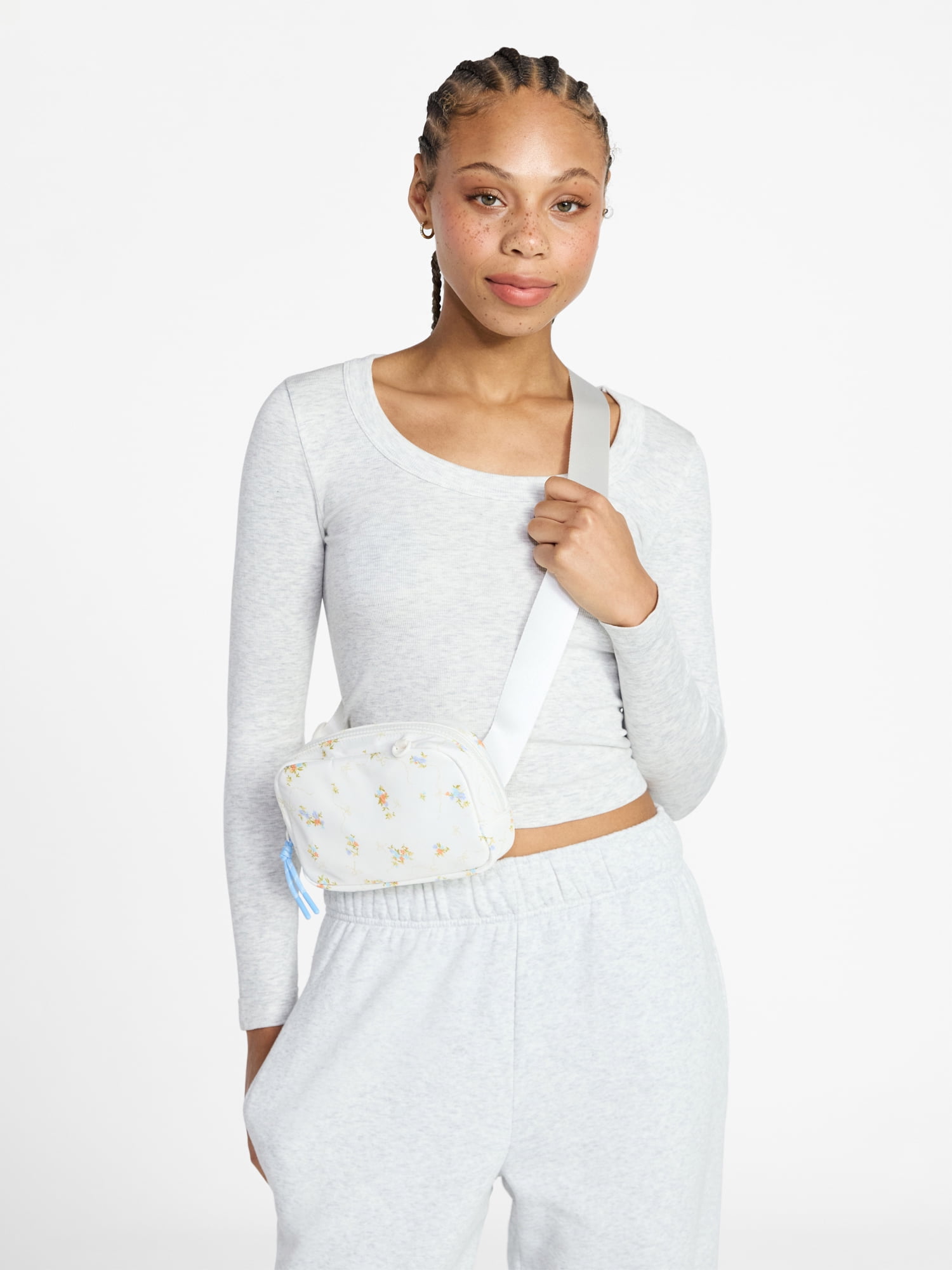 No Boundaries Women's Hands Free Fanny Pack, Off-White Lilacs