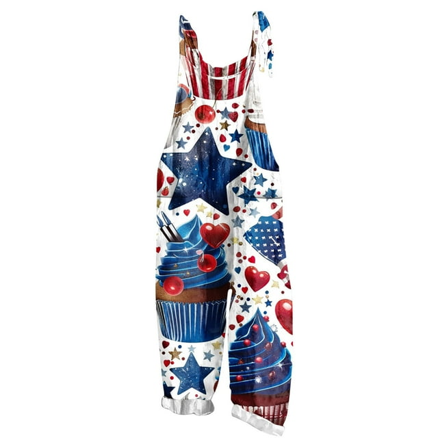 Combinaison à Bavette Sans Manches à Imprimé de la Fête de l'Indépendance pour Femmes, Barboteuse Décontractée en Polyester à Deux Poches, Longueur Régulière, Bleu, pour le Quotidien et les Vacances