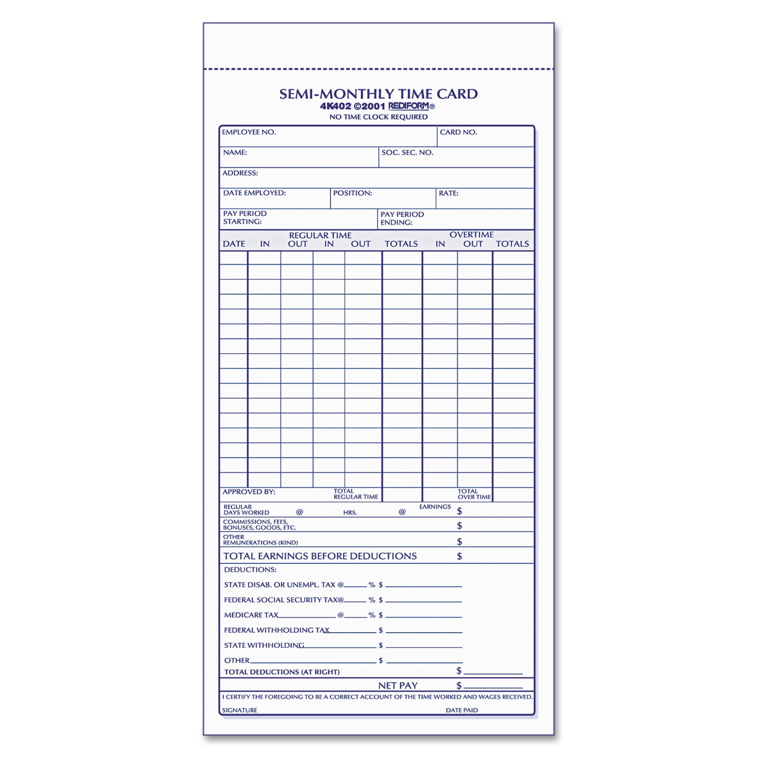 100 Cards Pad RED4K402 By Rediform Unnumbered Semi Monthly Time Card 4 