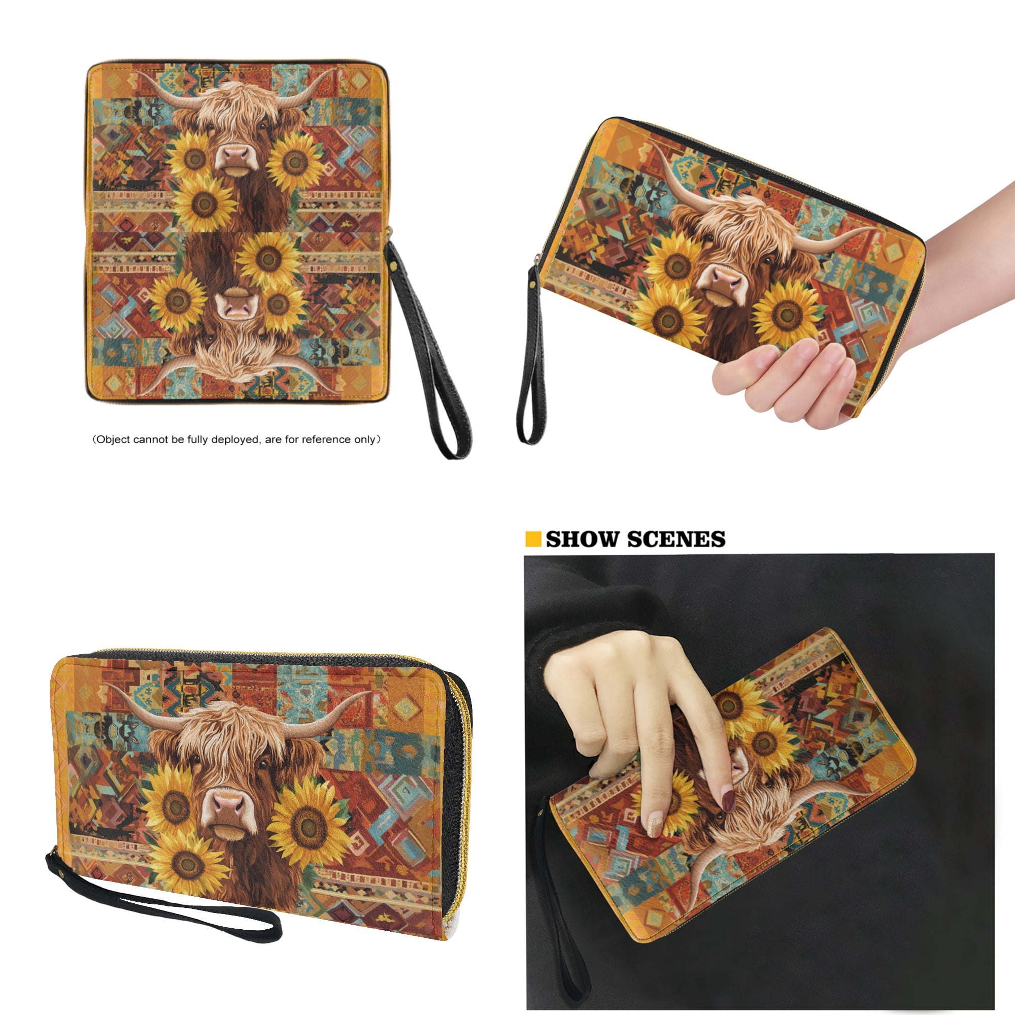 ZUXONGSY Aztec Highland Cow Sunflower Print Large Capacity Shopping Tote for Women Waterproof Handbag and Wallet Set for Shopping Work