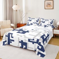 Manfei Modern Geometric Aesthetic Queen Sheet Sets,Pixel Geometric Flat Sheet,Deepblue Gray White Queen Fitted Sheet For Boys,Ultra Soft Home Decor,4pcs