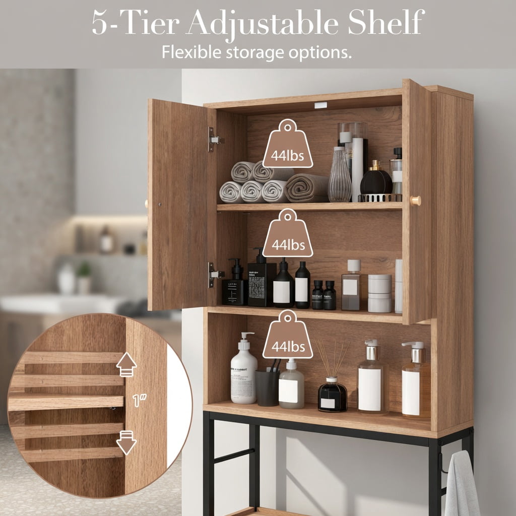 Hommoo Over the Toilet Storage Cabinet with 2 Doors & Adjustable Shelf Woodgrain Finish, Space-Saving Bathroom Organizer for Toilets, Natural