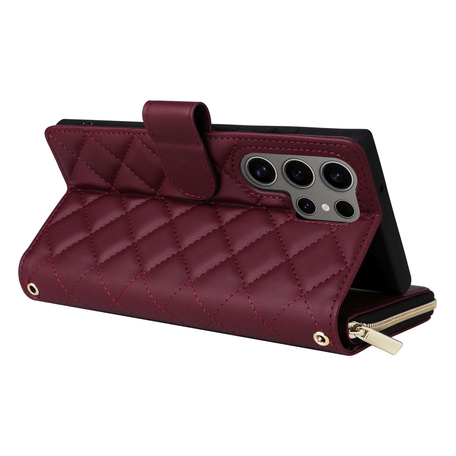 Compatible for Samsung Galaxy S24 Ultra Wallet Case, Crossbody Strap PU Leather Folio Phone Cover, Zipper Handbag Purse with Card Holder Lanyard Flip Stand for Samsung Galaxy S24 Ultra, Winered