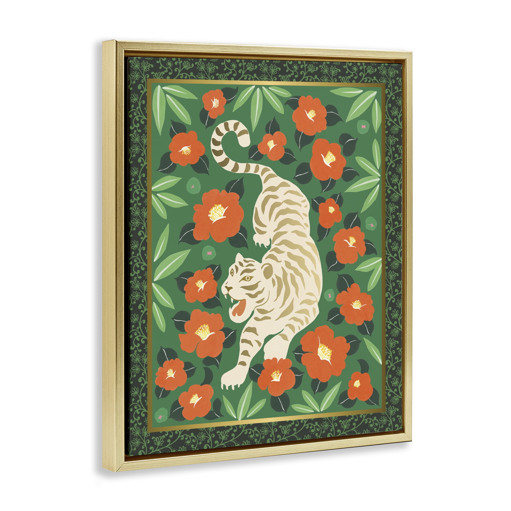 Stupell Industries Eclectic Tiger & Hibiscus Gold Framed Floater Canvas Wall Art, design by Karolina Sato