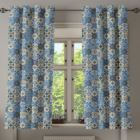 

Moroccan Grommet Curtain Tile Pattern with Portuguese Traditional Azulejo Motifs Oriental Curls 2-Panel Window Drapes for Bedroom Living Room 50 x 63 Blue White Pale Brown by Ambesonne