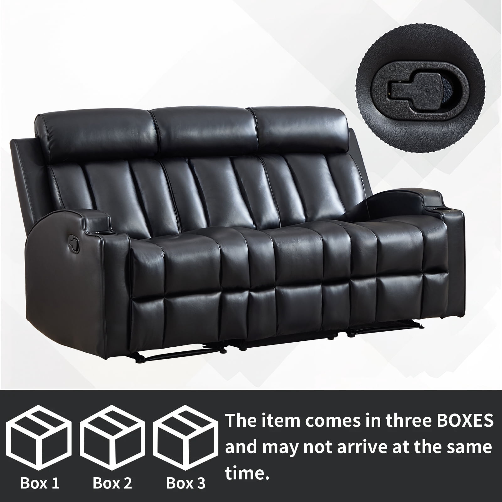 Ebello Manual Recliner Sofa, PU Leather Overstuffed 3-Seat Reclining Couch with Cup Holders for Living Room & Home Theater, Black