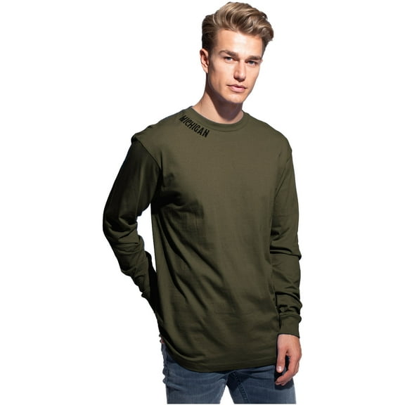 Daxton Premium Michigan Men Long Sleeves T Shirt Ultra Soft Medium Weight Cotton, Olive Tee Black Letters Small