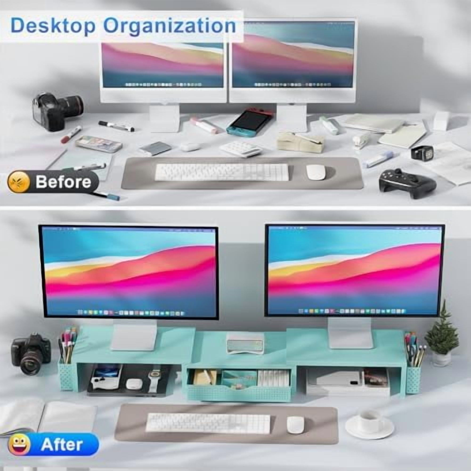 Dual Monitor Stand Riser, Desk Organizer With Drawer and 2 Pen Holders, Monitor Stand for Desk, Office Decor Essentials (Blue)