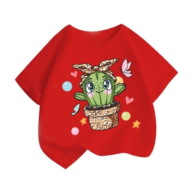Yanlir 2-13 Ans Filles Coton Manches Courtes T-Shirts Col Rond Doux pour Tout-Petits T-Shirts d'Été Unis Hauts Décontractés pour Enfants Usage Quotidien (Rouge3,8-9 Ans)