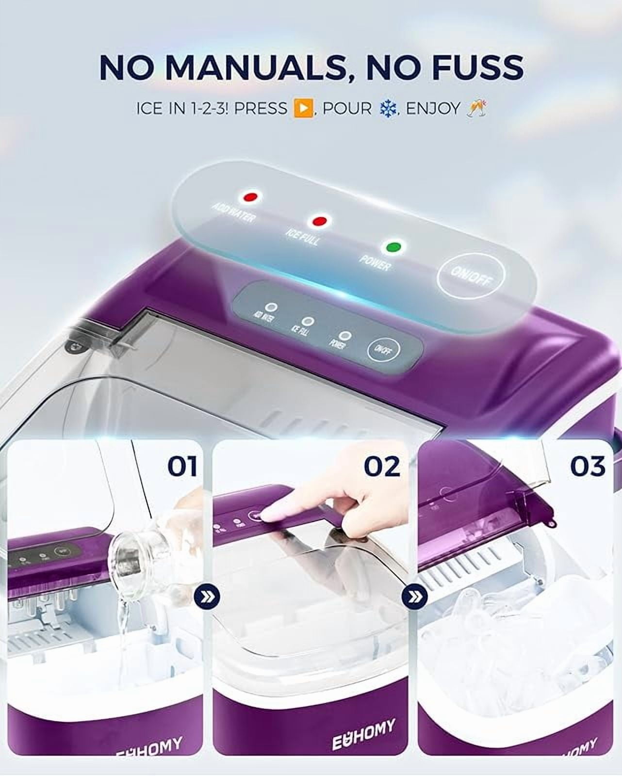Countertop Ice Maker Machine with Handle, 26lbs Per Day, 9 Ice Cubes Ready in 6 Mins, Auto-Cleaning Portable Ice Maker with Basket and Scoop, for Home/Kitchen/Camping/RV (Purple)